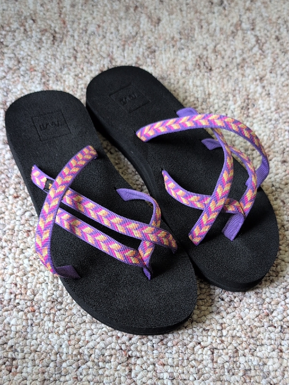 Teva Black Sandals with Purple & Pink Patterned Straps - Women Size 6